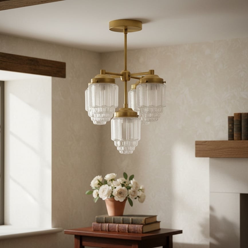 Tierlux Glass Chandelier – Vintage Brass Globe Lighting Fixture K1492