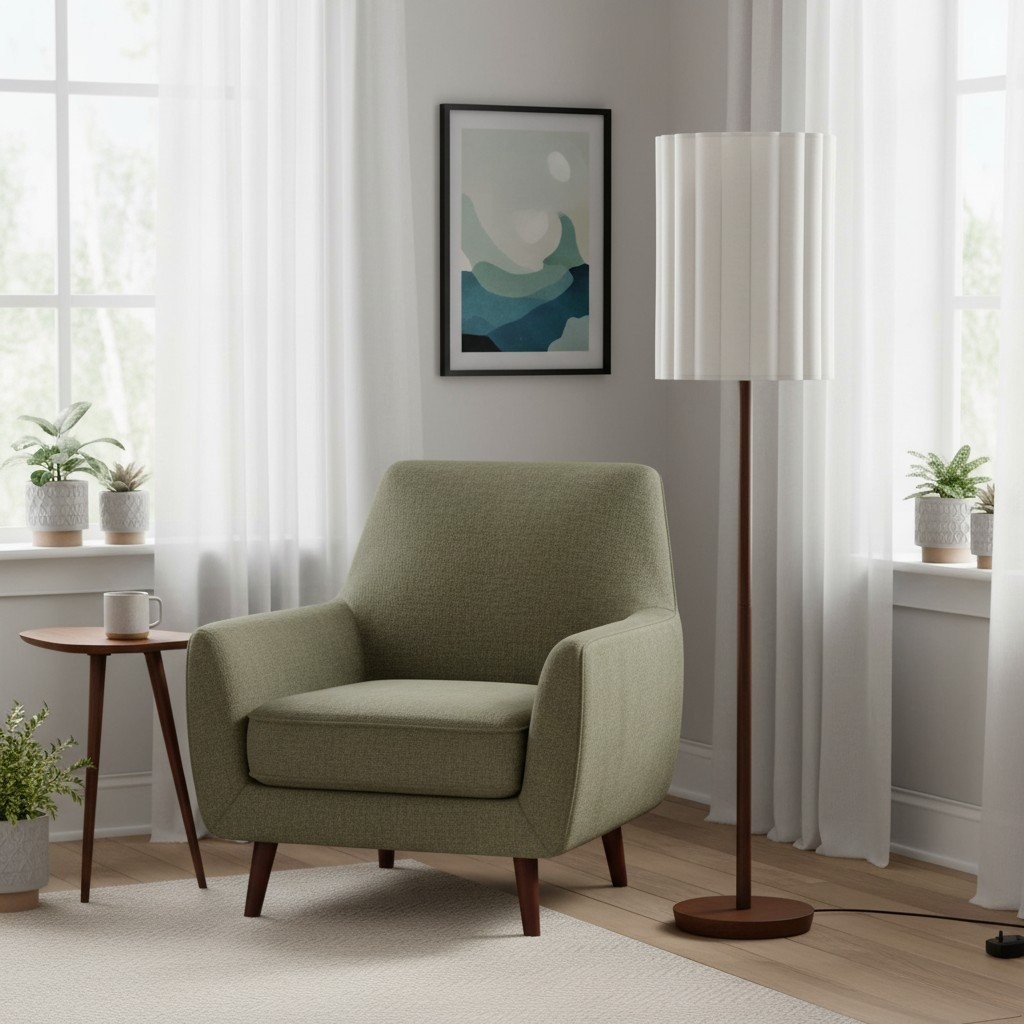 Linbron Wood Floor Lamp with Fluted Linen Shade - Scandinavian Modern Floor Light for Living Area K1683