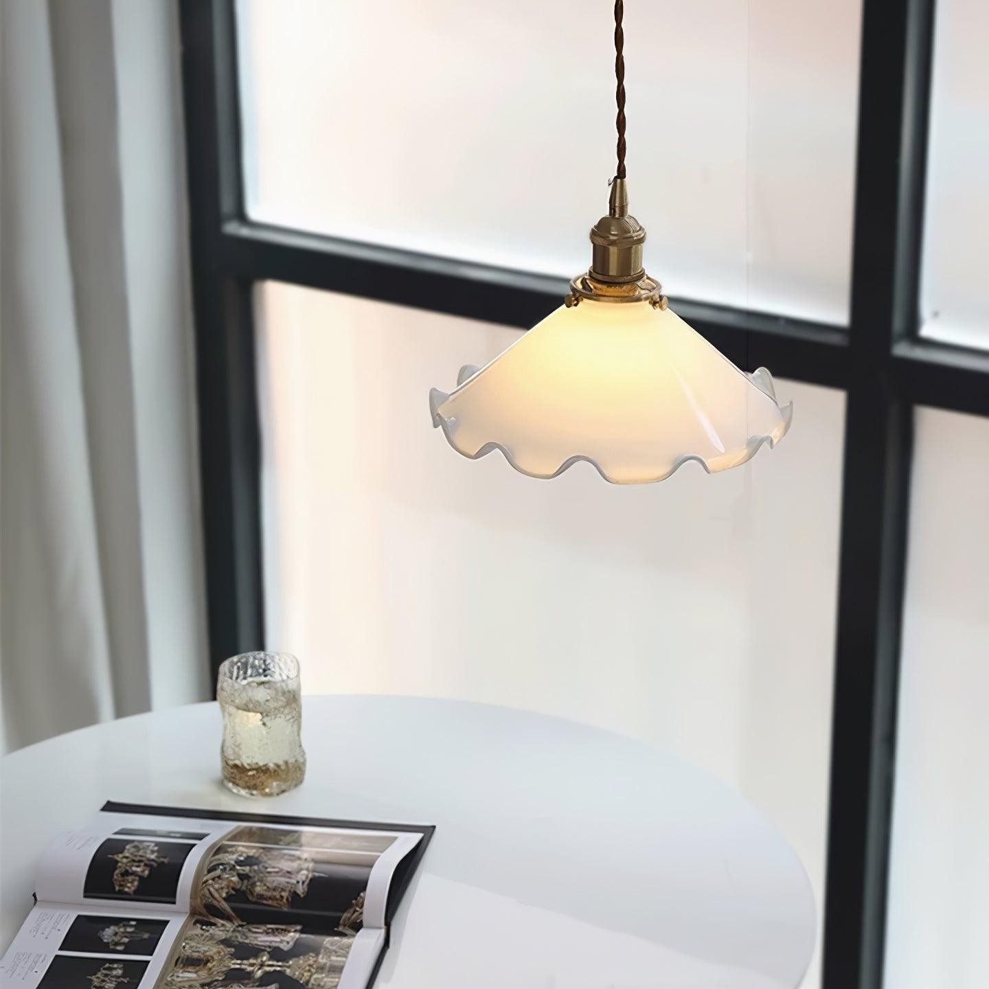 Vintage White Glass Skirted Pendant Lamp K389