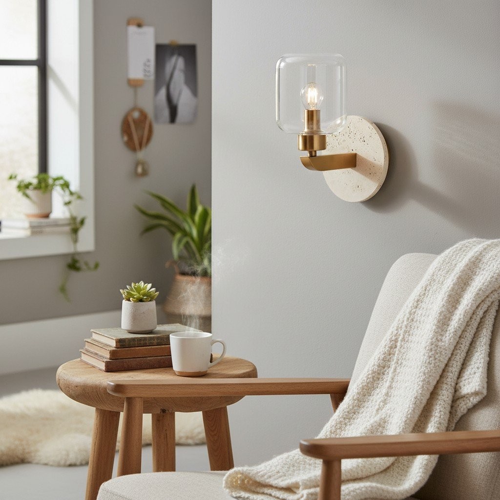 Korlisse Modern Marble Wall Light - Vintage Brass & Clear Glass Accent for Living Room and Hallway K1918