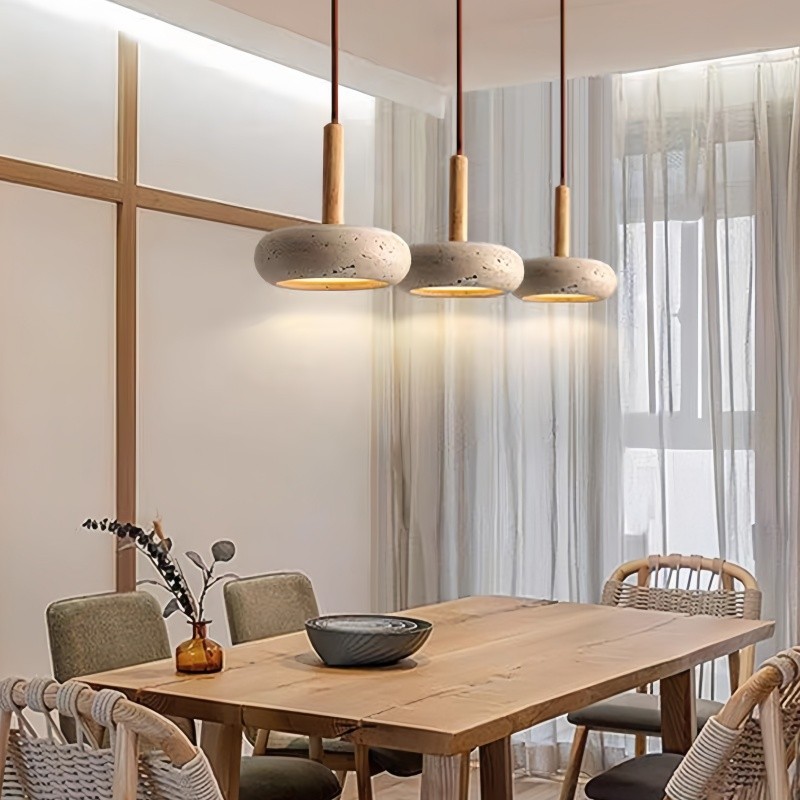 Traditional Japanese Round Wood Travertine Pendant Light K882