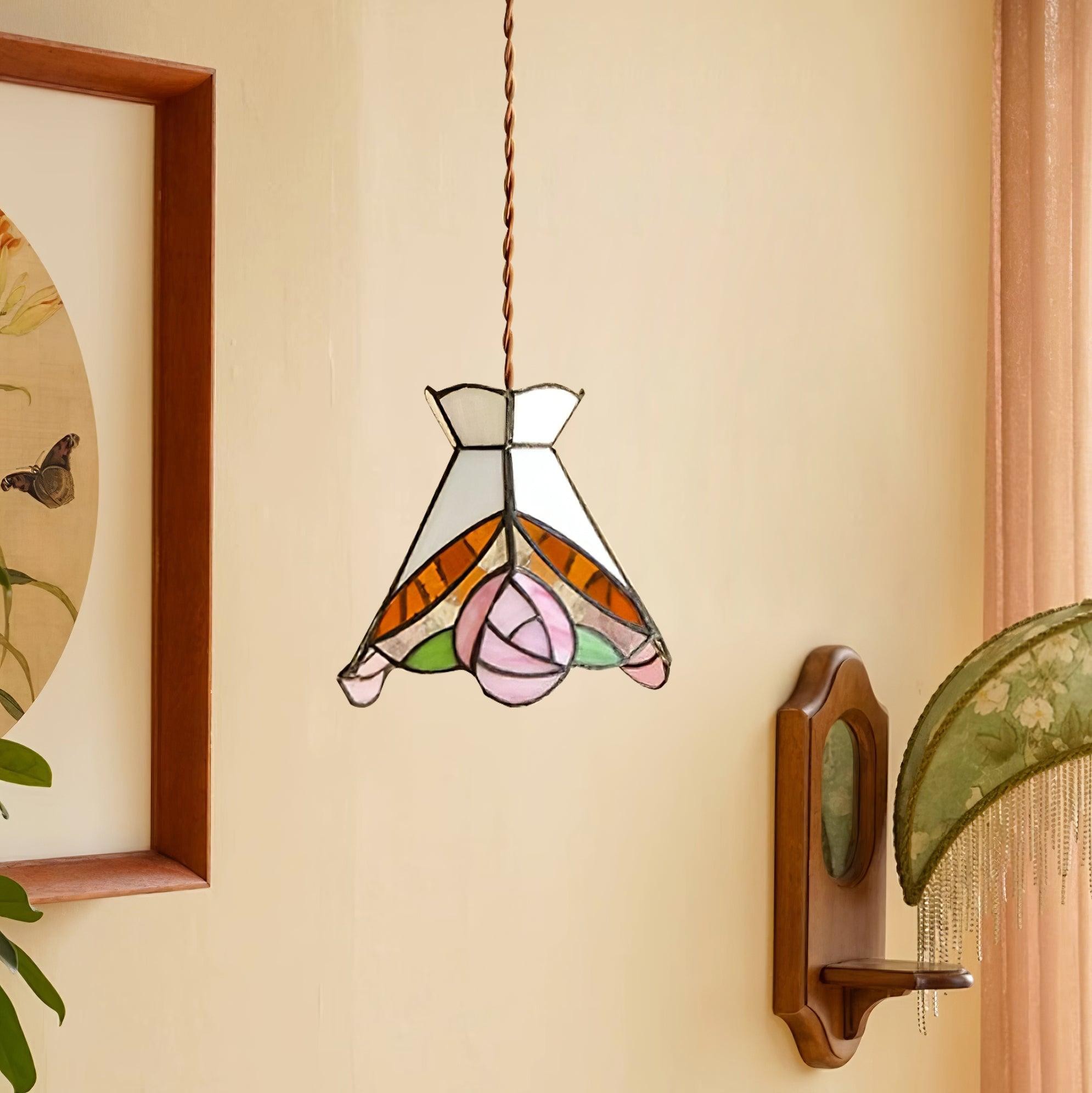 French Retro Rose Stained Glass Pendant Lamp K701