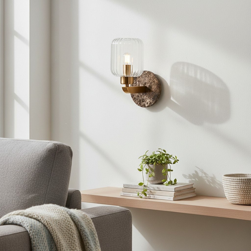 Korlisse Modern Marble Wall Light - Vintage Brass & Clear Glass Accent for Living Room and Hallway K1918