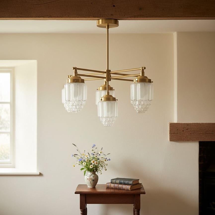 Tierlux Glass Chandelier – Vintage Brass Globe Lighting Fixture K1492