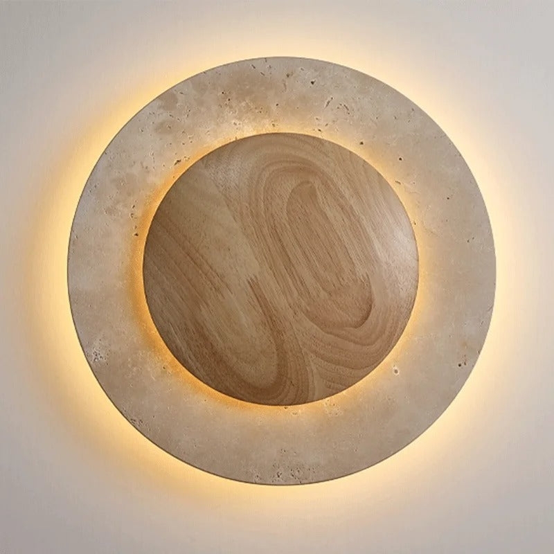 Round Travertine Wood Wall Light D880
