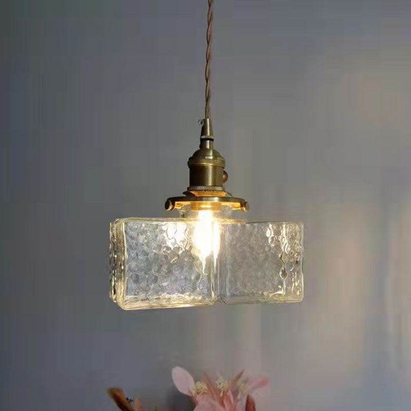 Traditional Vintage Square Rectangle Ripple Glass Iron 1-Light Pendant Light For Living Room K1282