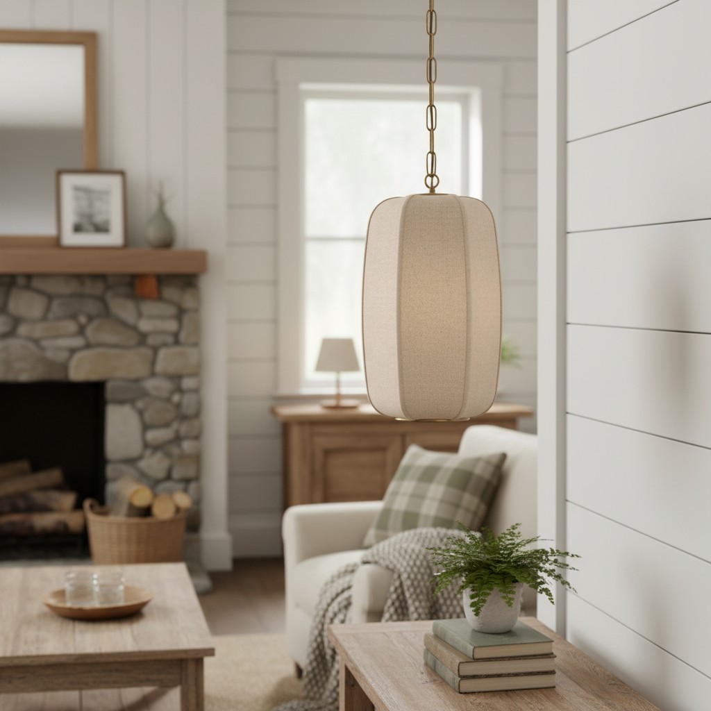 Loomis Tall Pendant - Textured Linen Shade Aged Brass Ceiling Light for Dining Room and Kitchen K2058