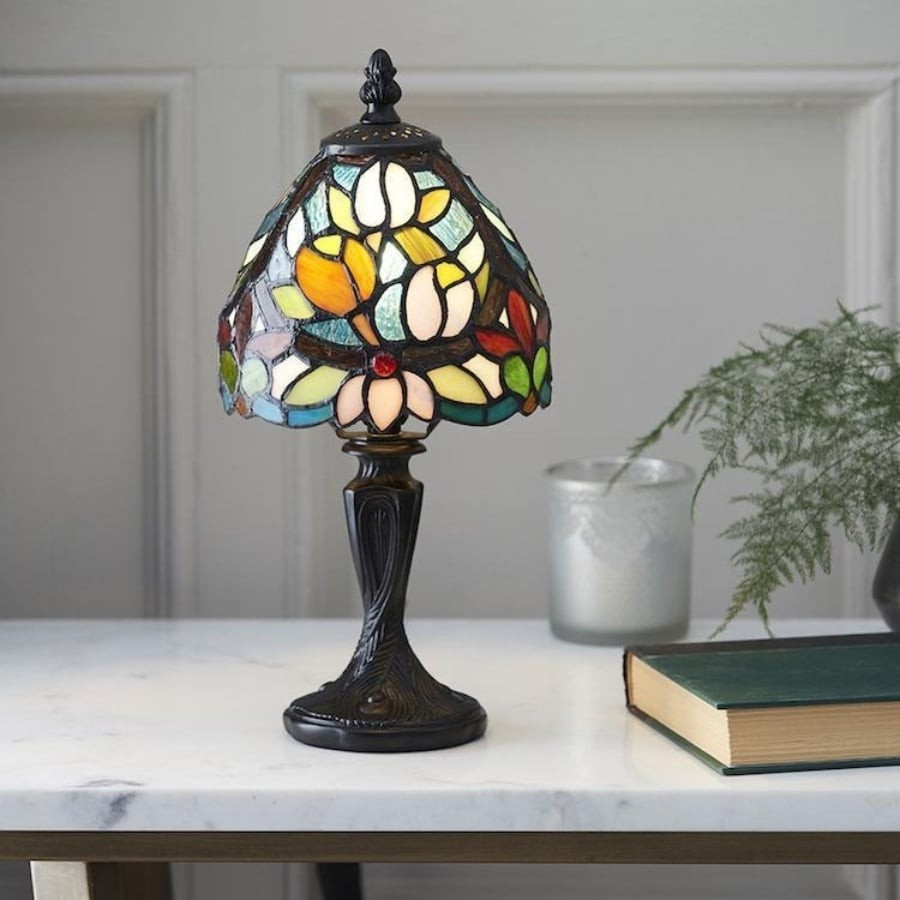 Calyra Vintage Floral Stained Glass Table Lamp - Art Deco Tiffany Style Accent Light for Bedside and Living Room K1859