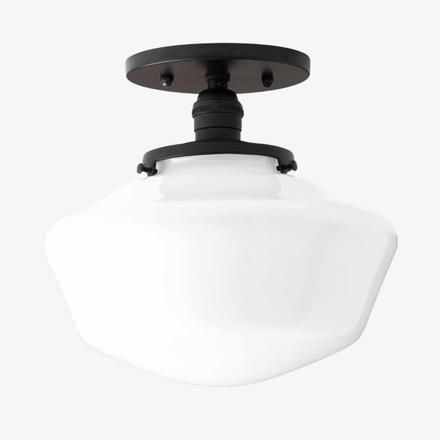 Geotower Glass Brass Ceiling Light - Opal Glass Schoolhouse Shade - Modern Elegance K1529