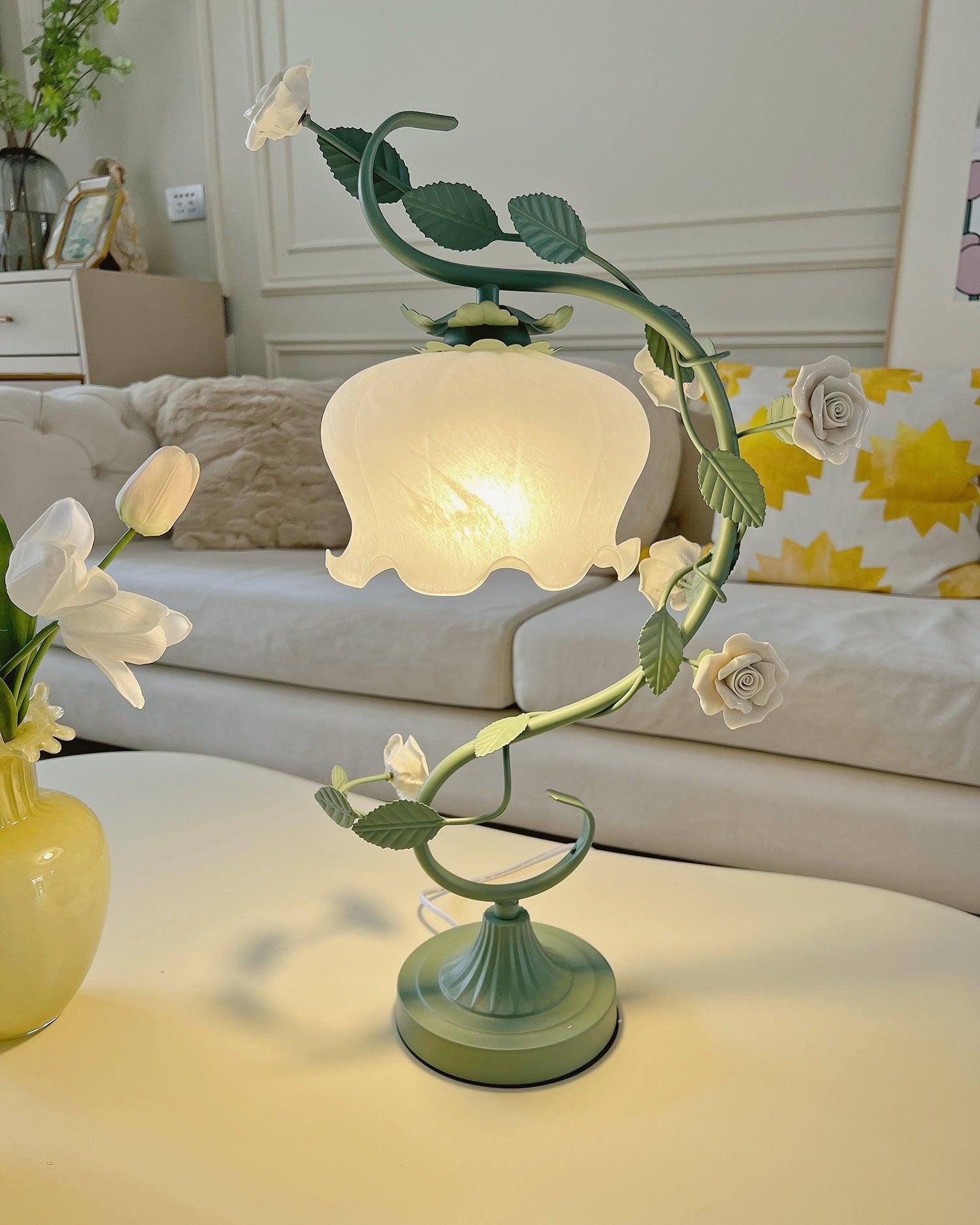 Green Pink White Rose Flower Table Lamp K640