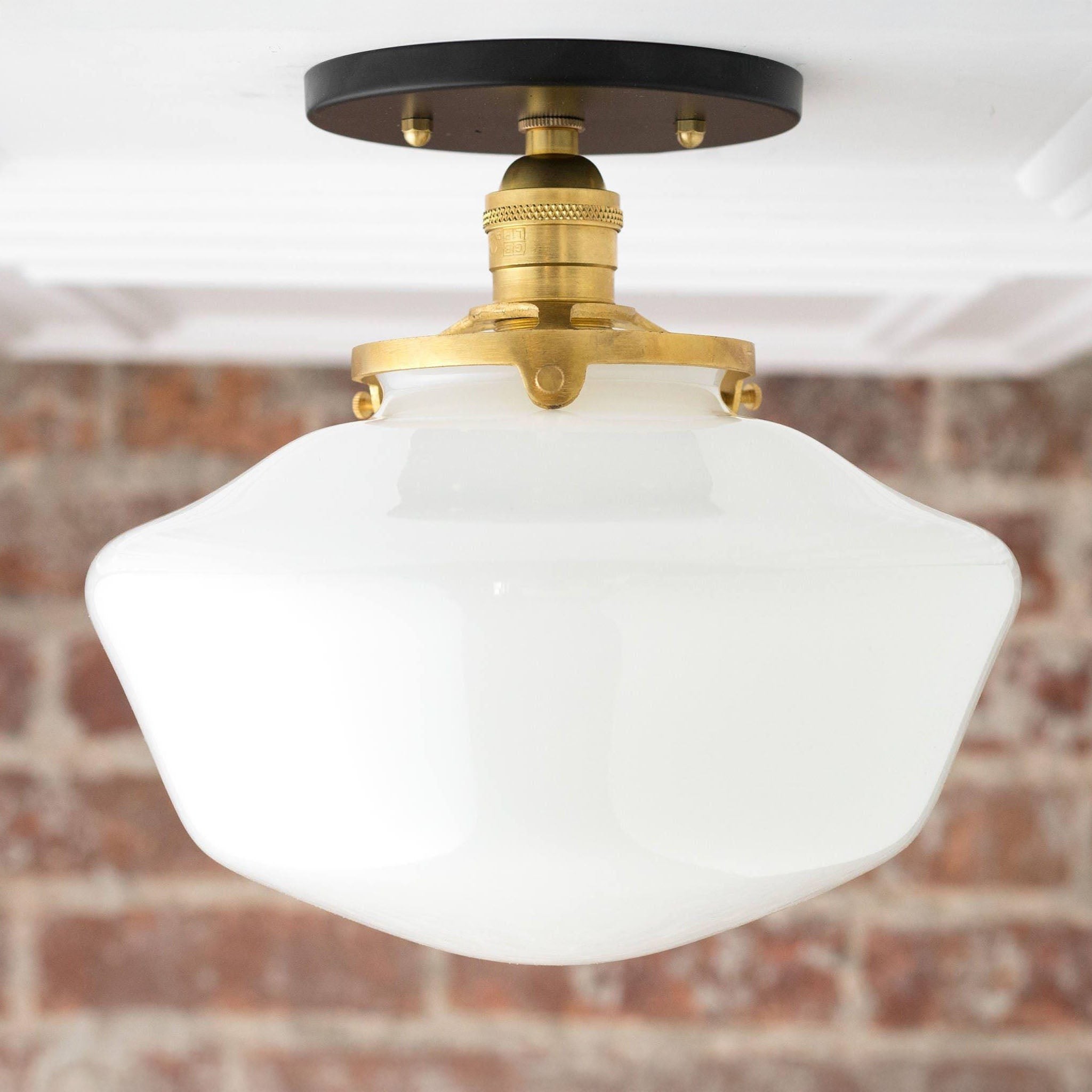 Geotower Glass Brass Ceiling Light - Opal Glass Schoolhouse Shade - Modern Elegance K1529