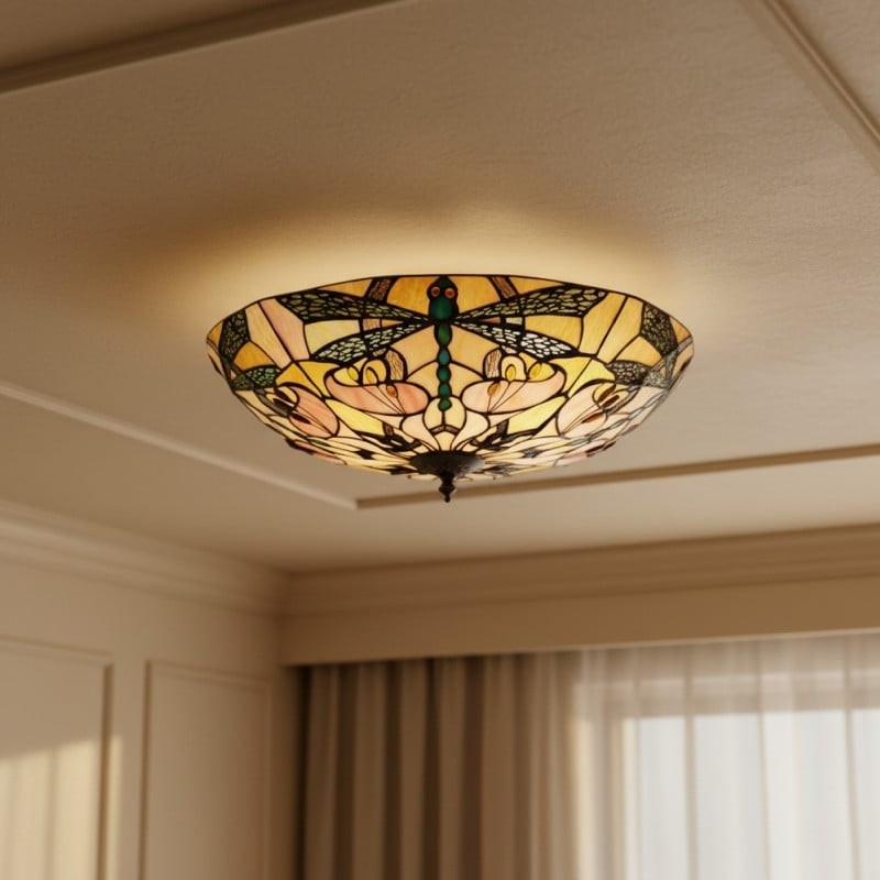 TF Ashton Tiffany Dragonfly Motif Tiffany Glass Flush Surface Mount - Transitional Style for Bedrooms and Lounge Spaces K2029