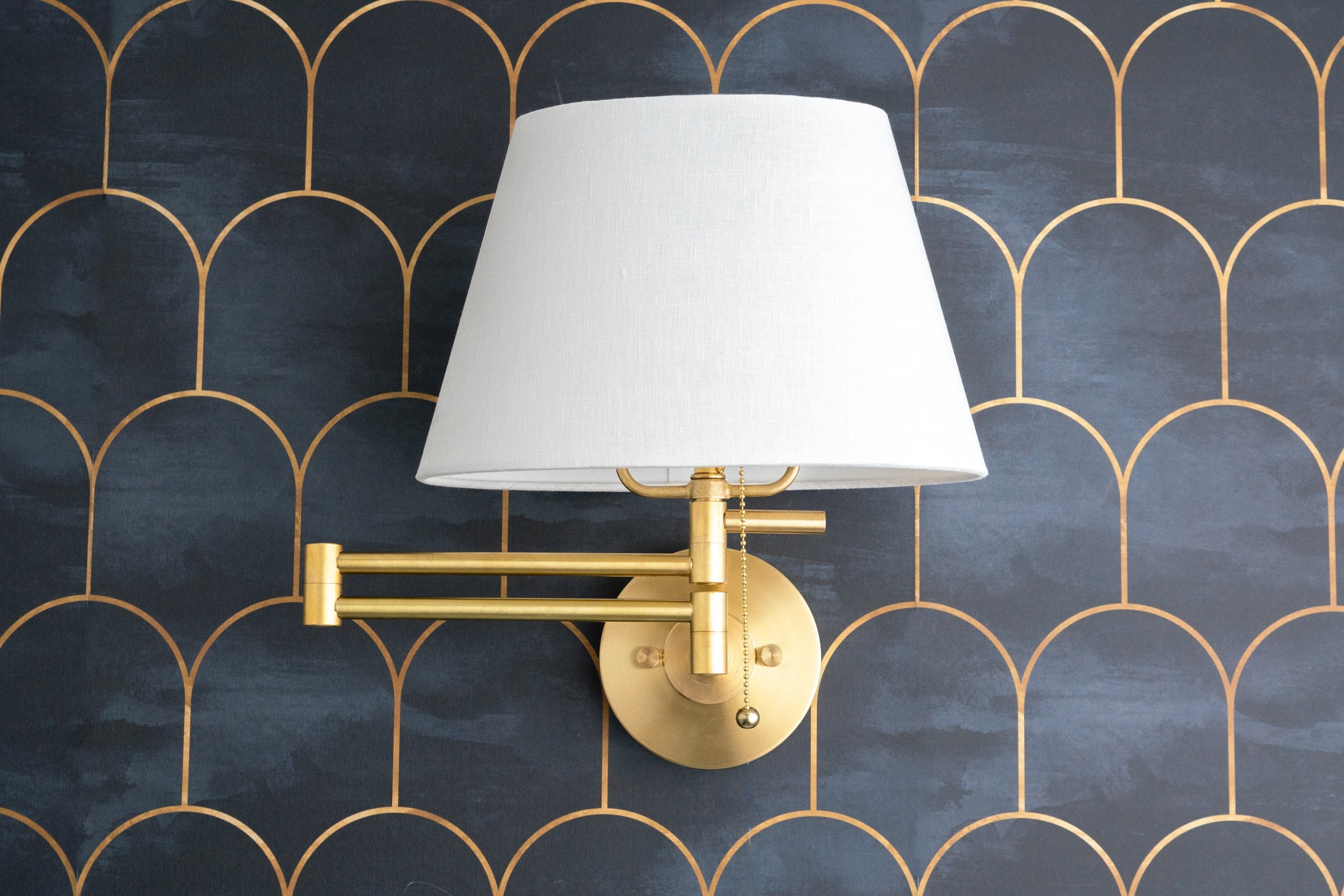 Ornato Luxe Brass Schoolhouse Sconce - Art Deco Wall Light with White Fabric Shade K1523