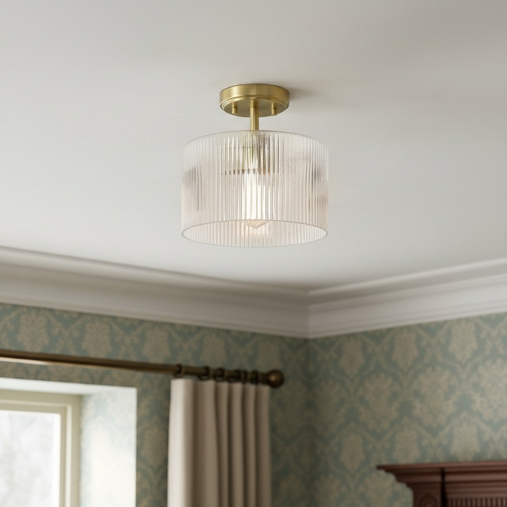 Rivora Ribbed Glass Ceiling Light - Modern Semi Flush Mount Lamp for Bedroom and Hallway K2237