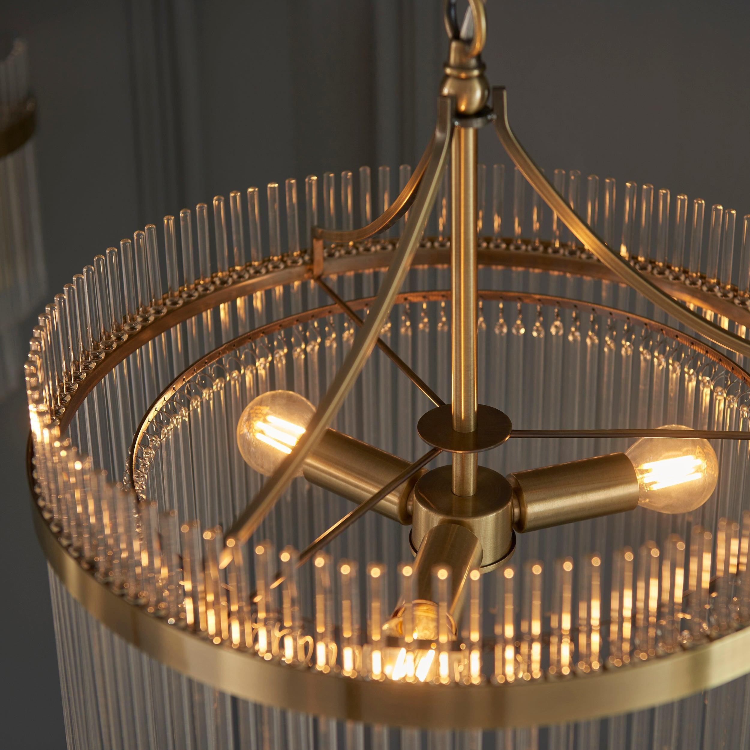 Elegant Glass Rods 3 Light Pendant Light - Vintage Brass Finish K1605