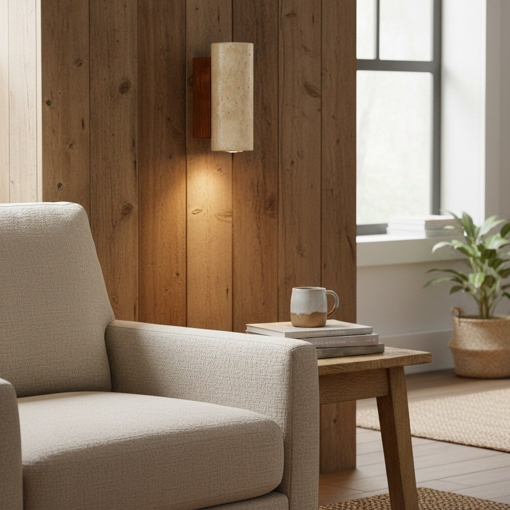 Slivara Natural Stone Backplate with Warm Amber Shade - Vintage Modern Slivara Wall Sconce for Living Room K2090
