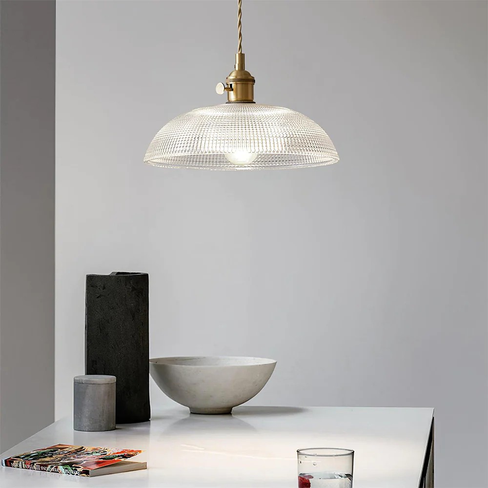Retro Bowl Ribbed Brass Glass Pendant Light K94