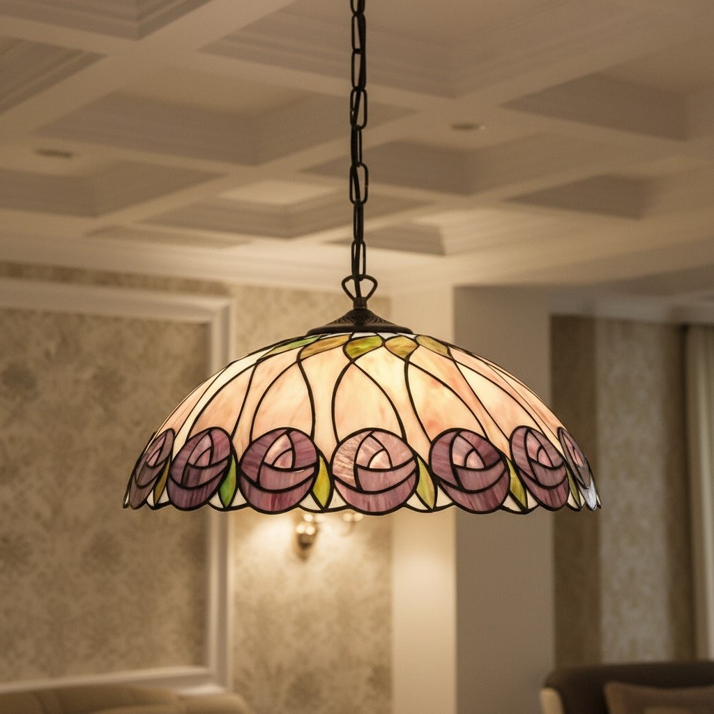 TF Hutchinson Tiffany Glass Pendant Light with Artistic Mosaic Design for Dining and Living Spaces K1924