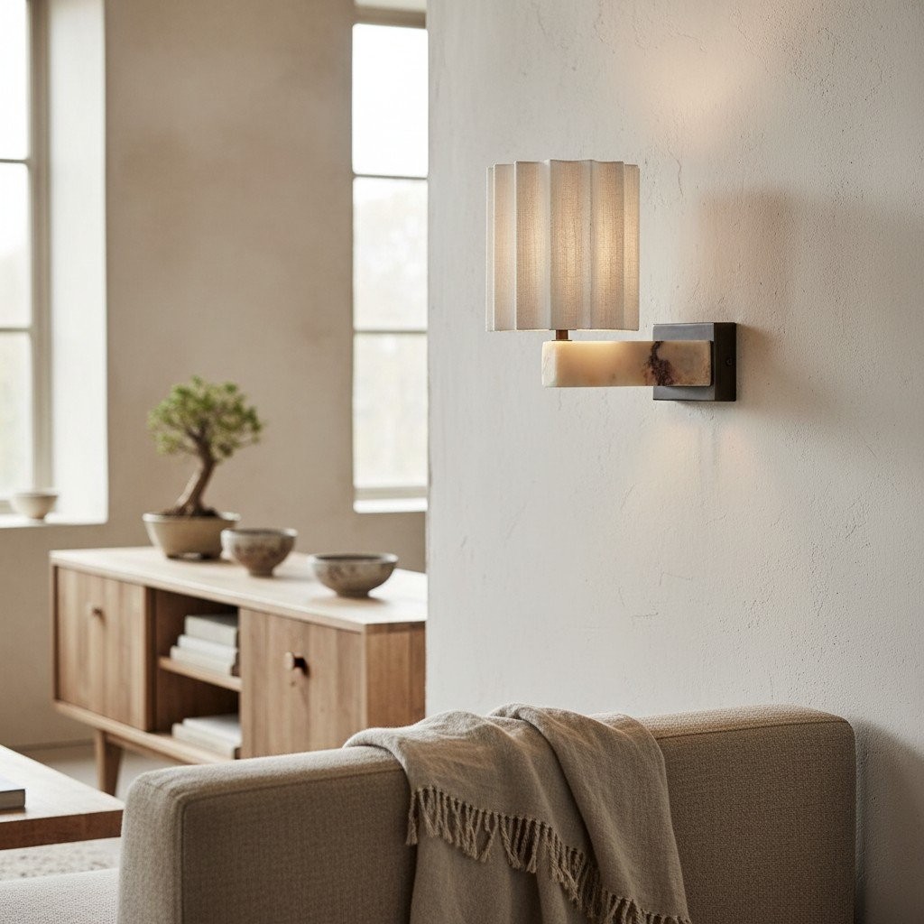 Cavilon Modern Wall Light - Organic Marble and linen shade Lighting for Home Spaces K1679