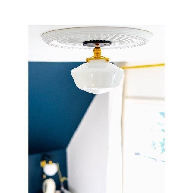 Geotower Glass Brass Ceiling Light - Opal Glass Schoolhouse Shade - Modern Elegance K1529