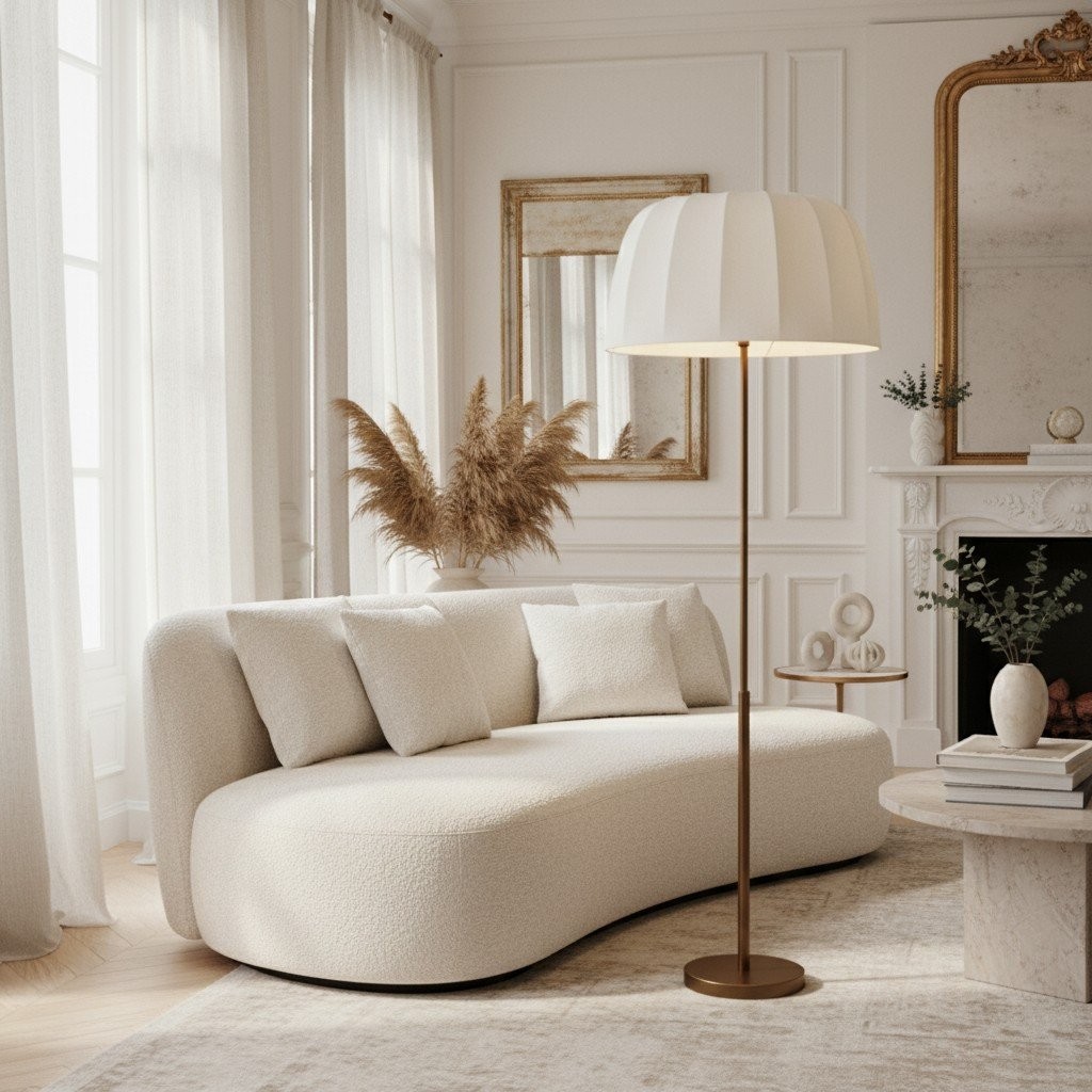 Vellaro Brass Floor Lamp with Fabric Shade - Modern Standing Light for Living Room or Bedroom K1642