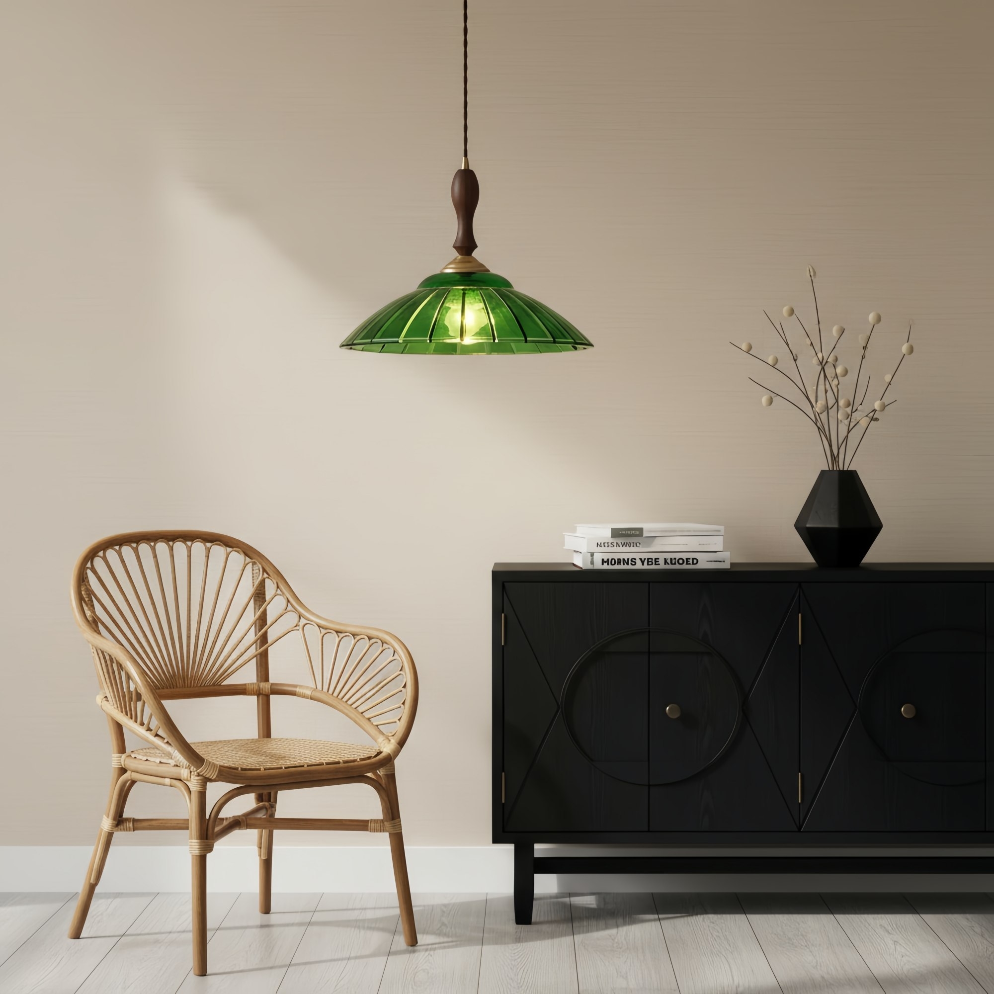 Elunaris Vintage Trumpet Shape Pendant Light with Green Glass Shade for Dining Room K2274
