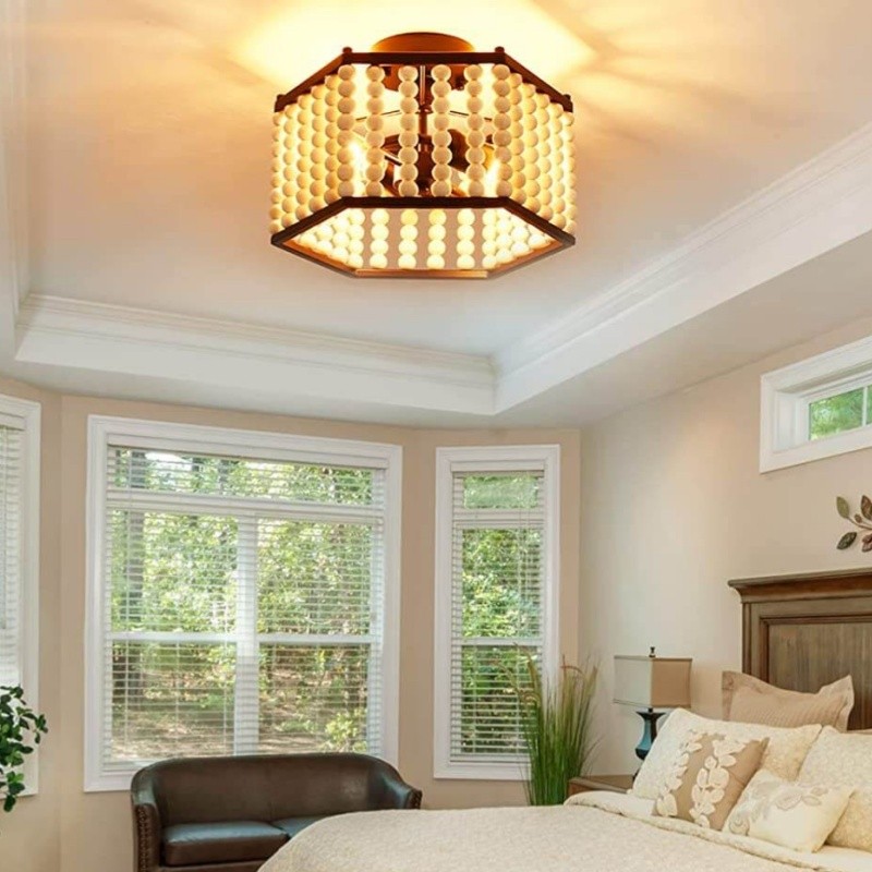 Rustic Hexagonal Wood Bead Ceiling Light K120