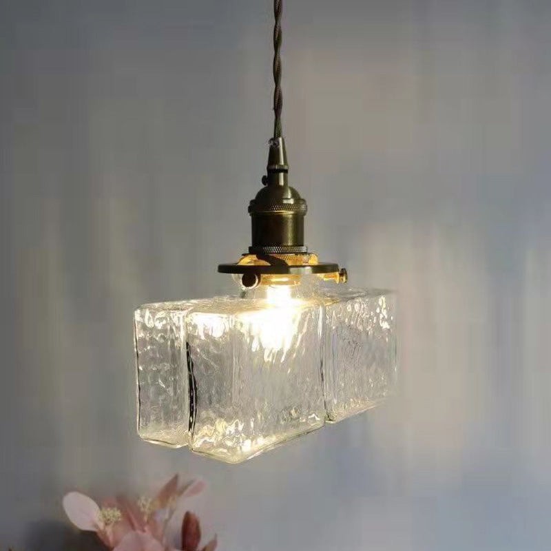 Traditional Vintage Square Rectangle Ripple Glass Iron 1-Light Pendant Light For Living Room K1282