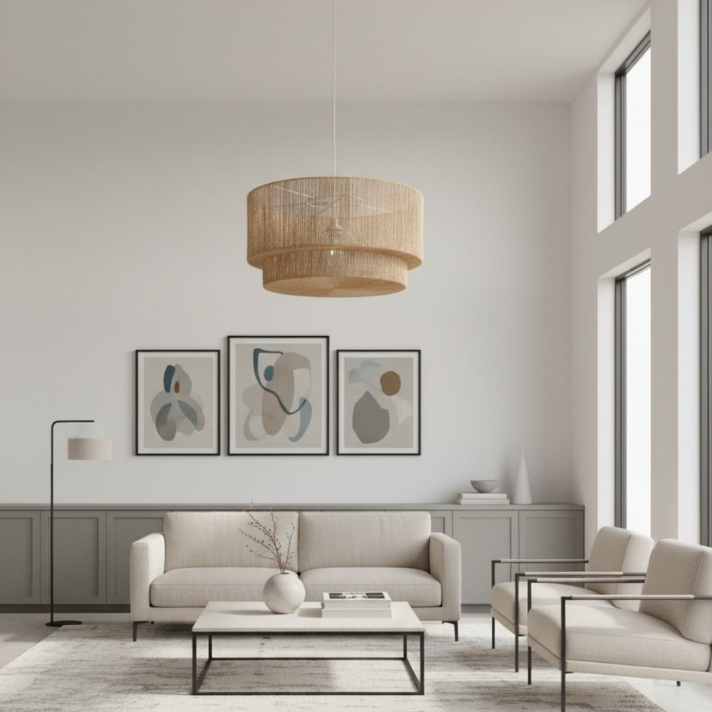 Florevian Woven Jute Hanging Light - Boho Chic Drum Pendant for Living or Dining K1636