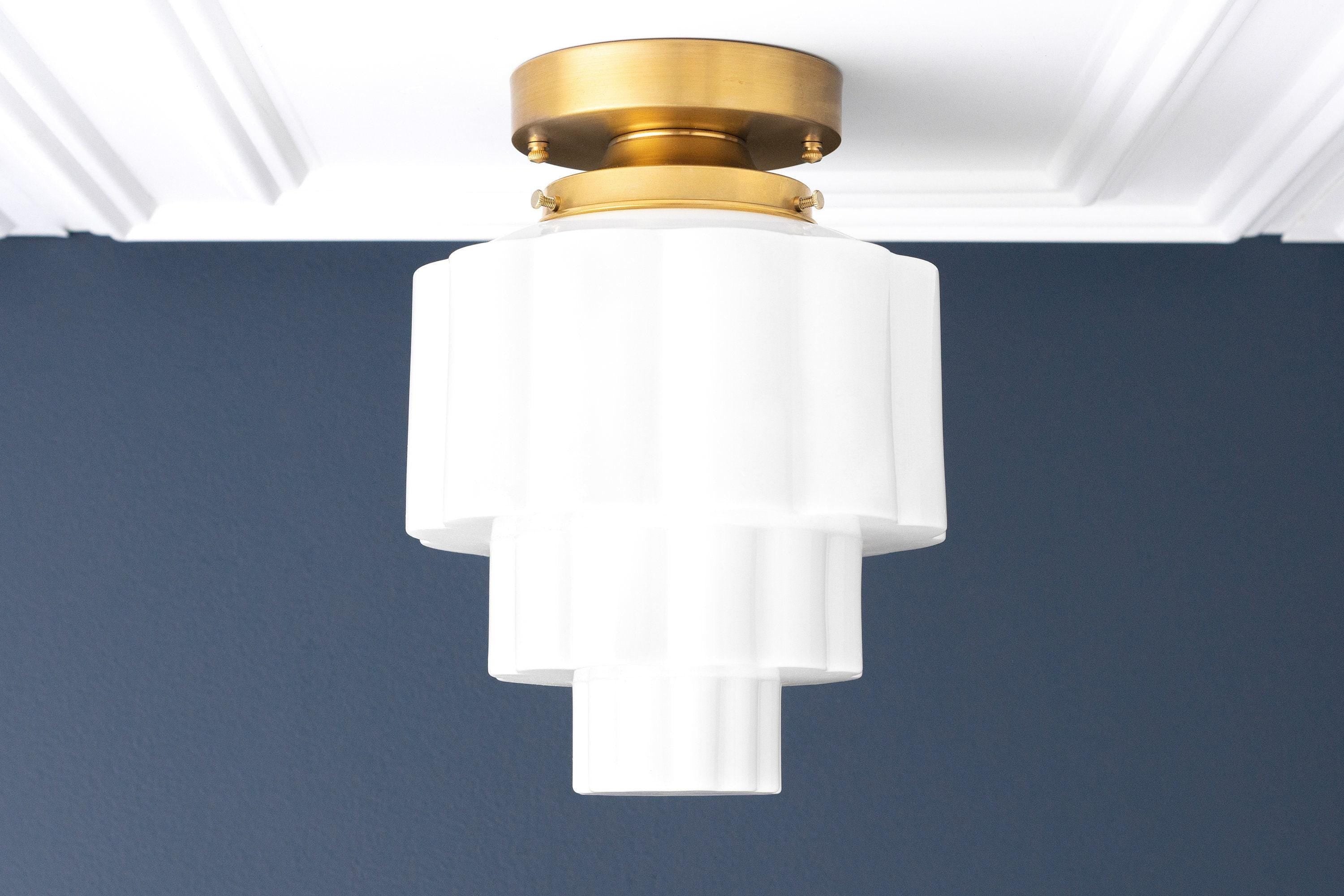 Geotower Glass Brass Ceiling Light – Art Deco Ribbed Globe Flush Mount K1528