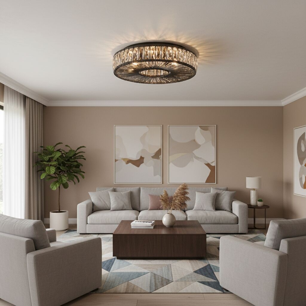 Glomar Glass Round Flush Ceiling Light - Modern Metal Glass Finish Living Areas K2119