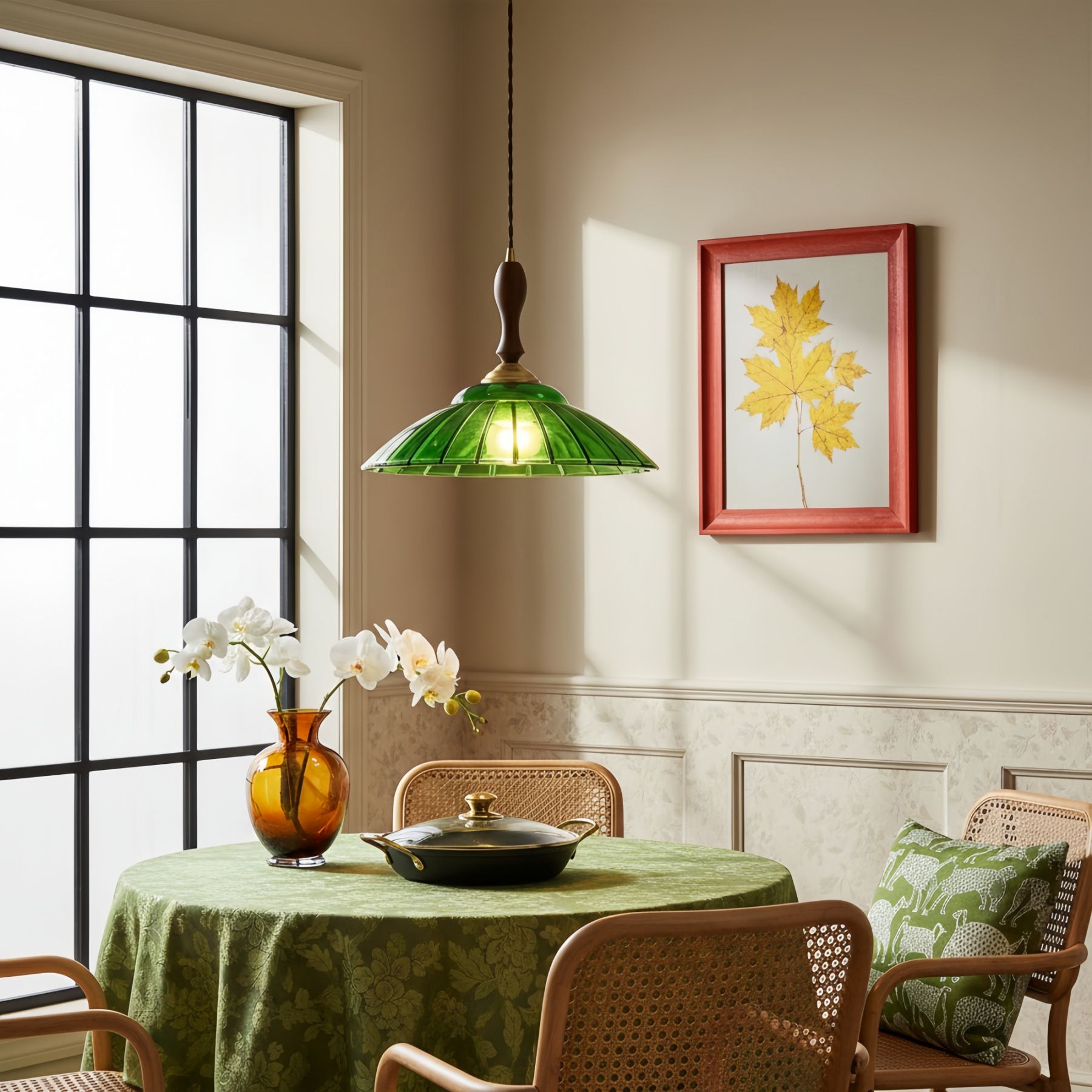 Elunaris Vintage Trumpet Shape Pendant Light with Green Glass Shade for Dining Room K2274
