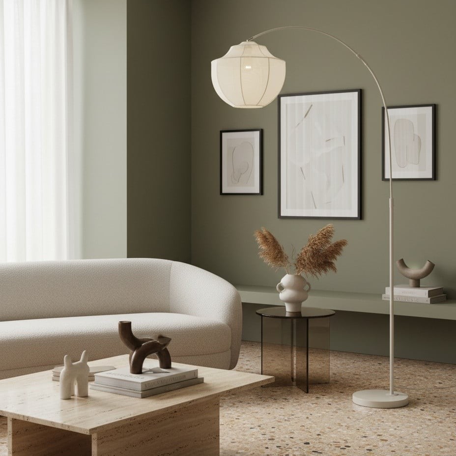 Lumifil Arc Floor Lamp Textile Mesh Shade - Metal Stand for Soft Ambient Living Room Lighting K1746