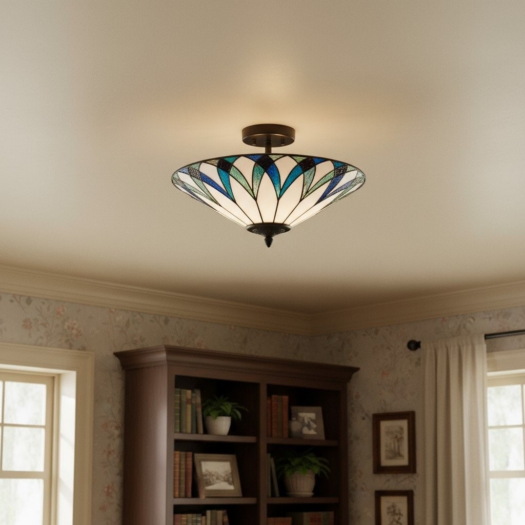 TF Allanton Tiffany Semi Flush Ceiling Light - Art Nouveau Patterned Shade for Living or Dining K1977
