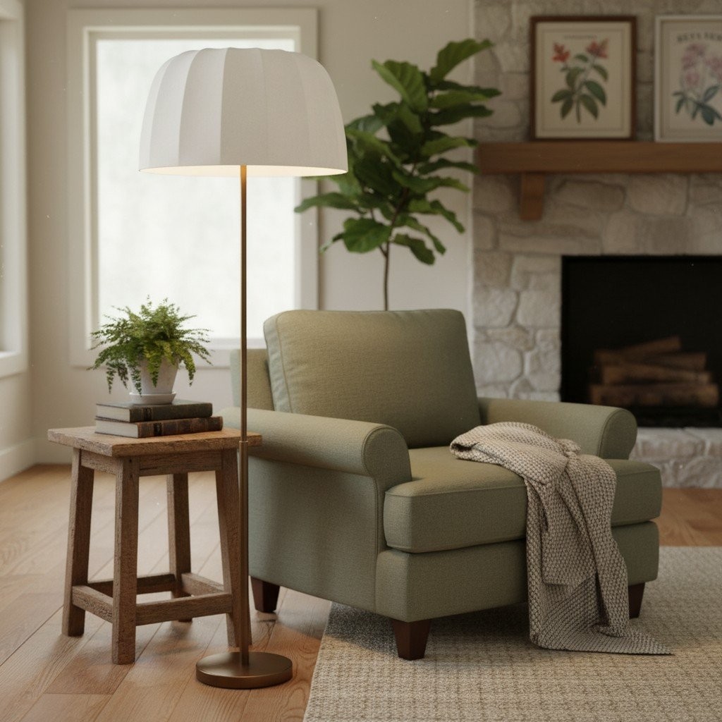 Vellaro Brass Floor Lamp with Fabric Shade - Modern Standing Light for Living Room or Bedroom K1642