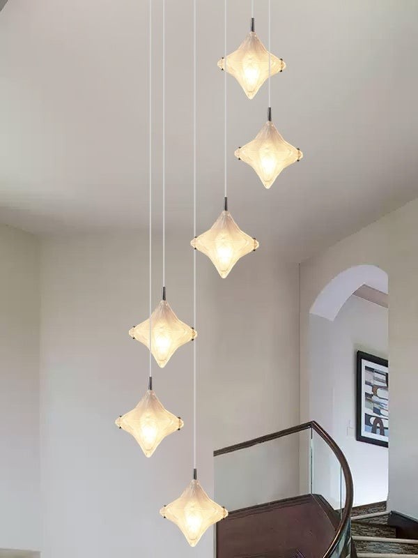 Art Deco Star Staircase Pendant Light - Frosted Glass Hanging Fixture - Astris Altair K1563