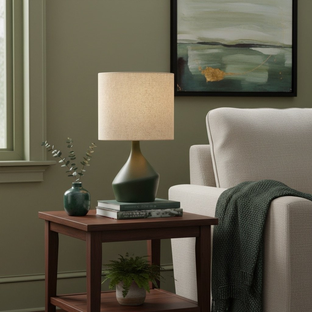 Lumo Modern Asymmetrical Ceramic Table Lamp - Cylinder Linen Shade for Living Room K2061