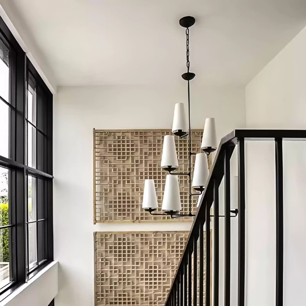 VertiFount Vertical Cascading Chandelier - Multi-Level Linen Shades For Stairwells & Vaulted Ceilings K1199