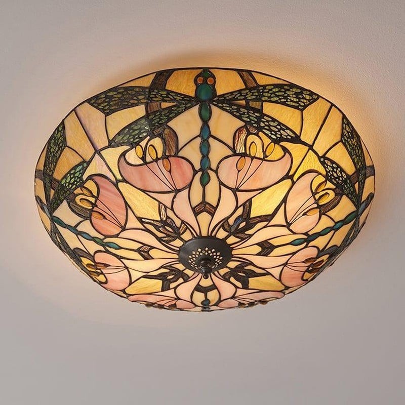TF Ashton Tiffany Dragonfly Motif Tiffany Glass Flush Surface Mount - Transitional Style for Bedrooms and Lounge Spaces K2029