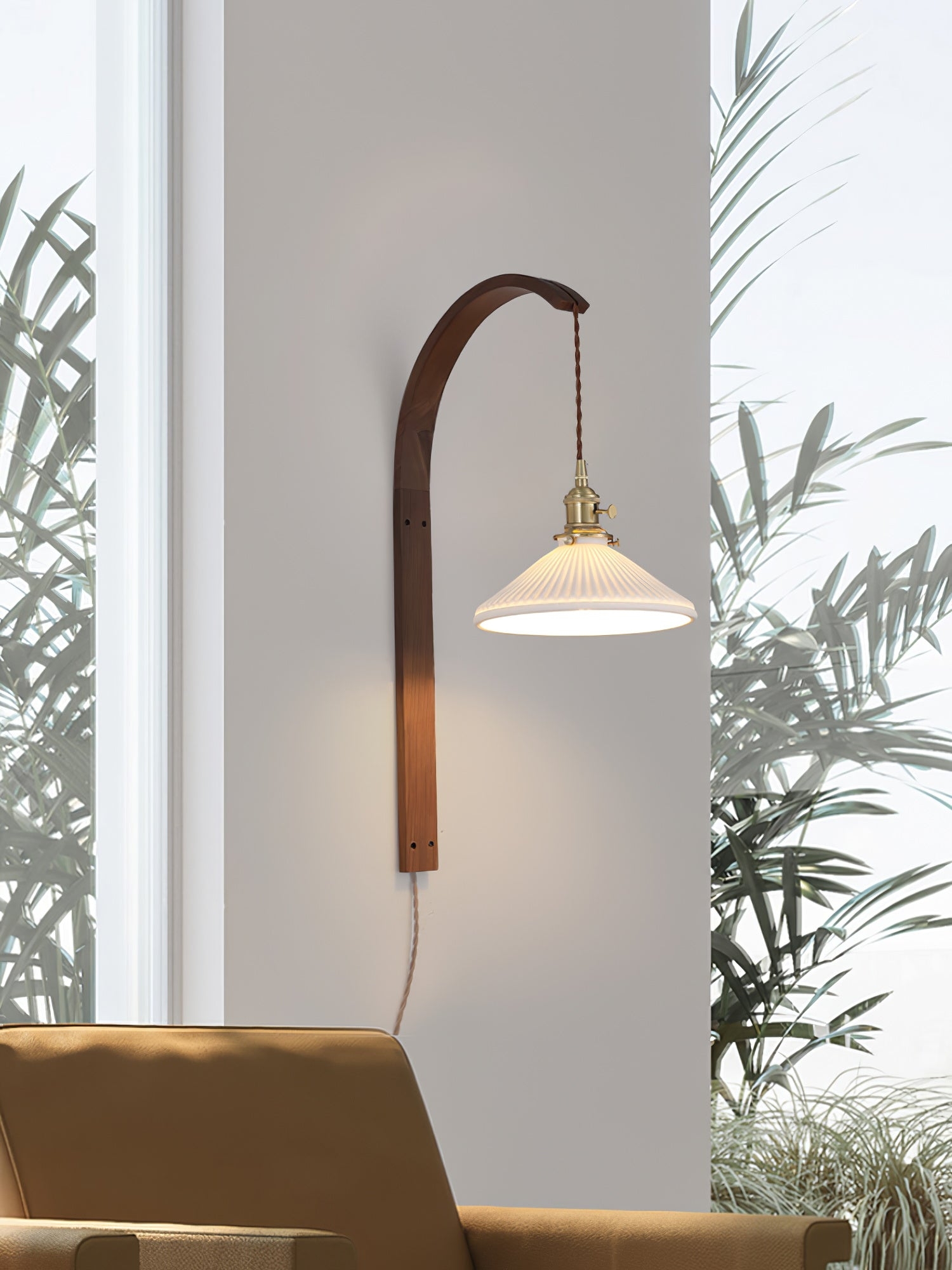 Curved Walnut Ceramic Plug-in Wall Light D498