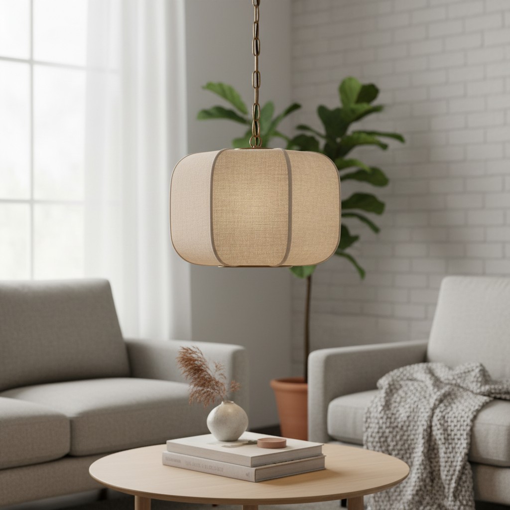 Loomis Tall Pendant - Textured Linen Shade Aged Brass Ceiling Light for Dining Room and Kitchen K2058