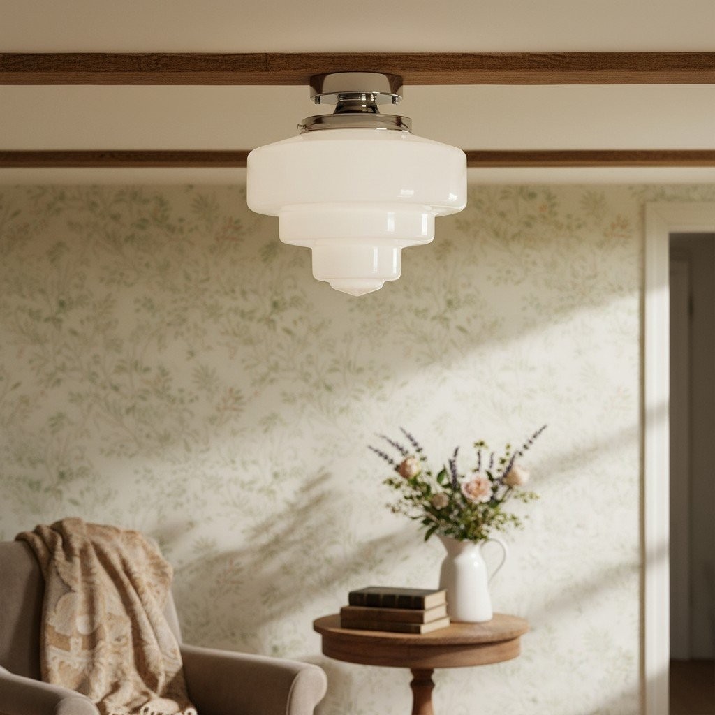 Geotower Glass Brass Ceiling Lamp – Handblown Opal Glass Globe Light K1552