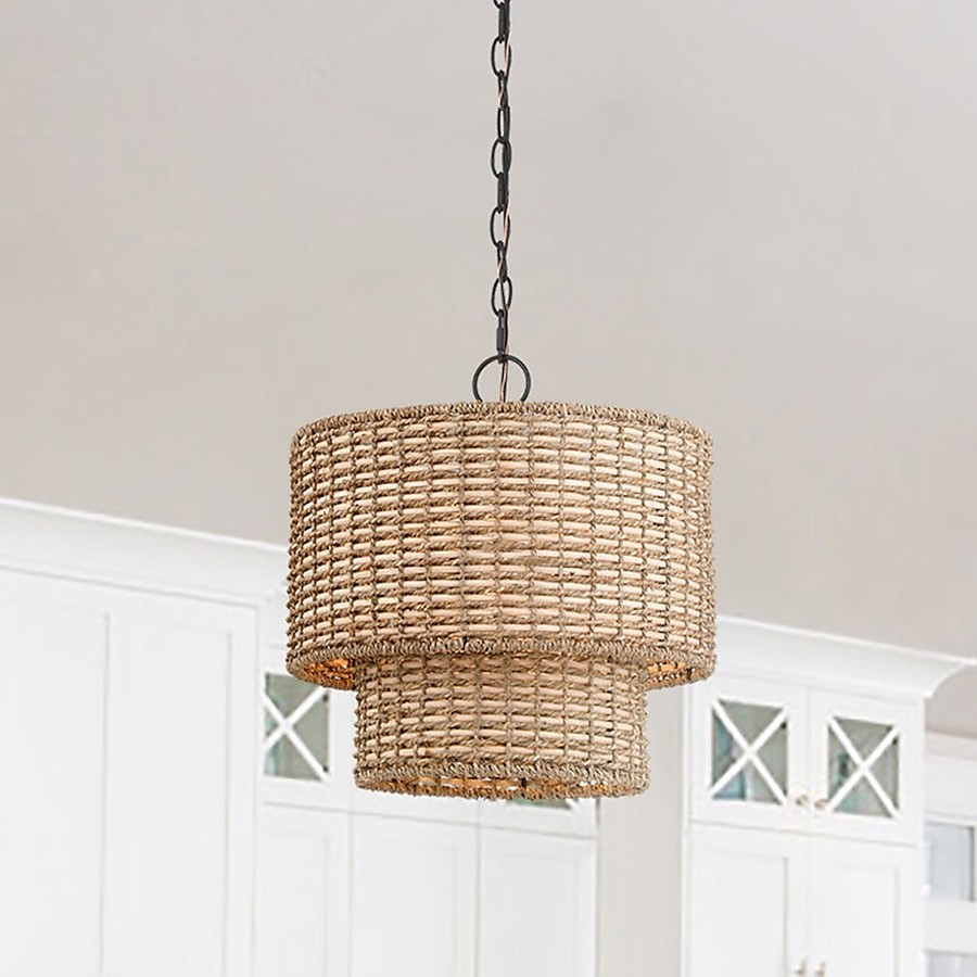 Natural Rattan Double Drum Pendant Light With Black Canopy K815