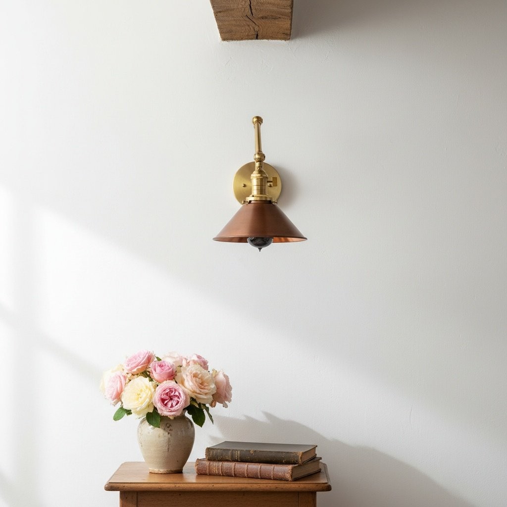 Conique Metal Industrial Wall Sconce with Adjustable Arm - Vintage Copper Cone Shade for Task Lighting K1547