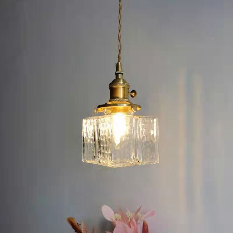 Traditional Vintage Square Rectangle Ripple Glass Iron 1-Light Pendant Light For Living Room K1282
