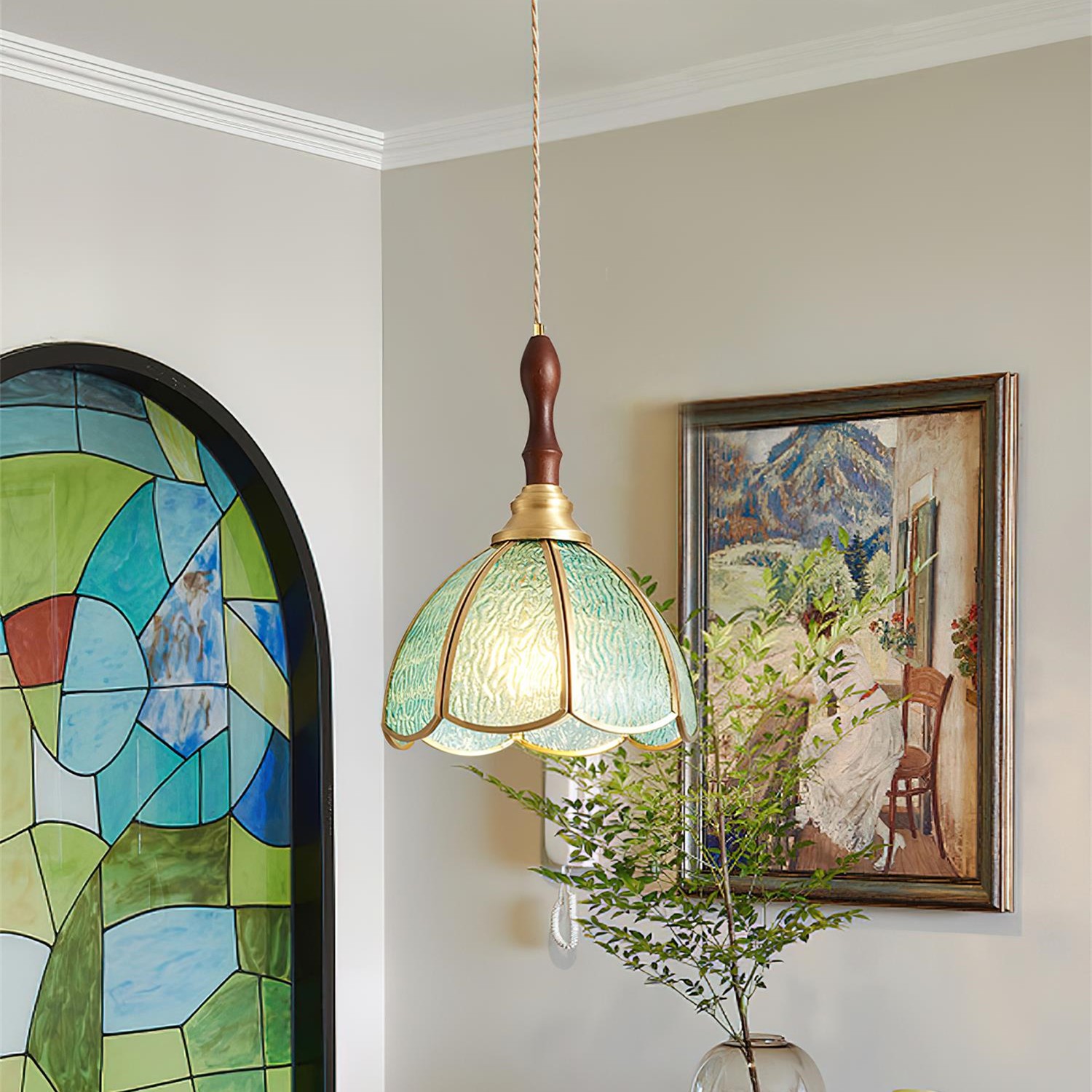 Vintage Tiffany Stanied Glass Pendant Lamp K624