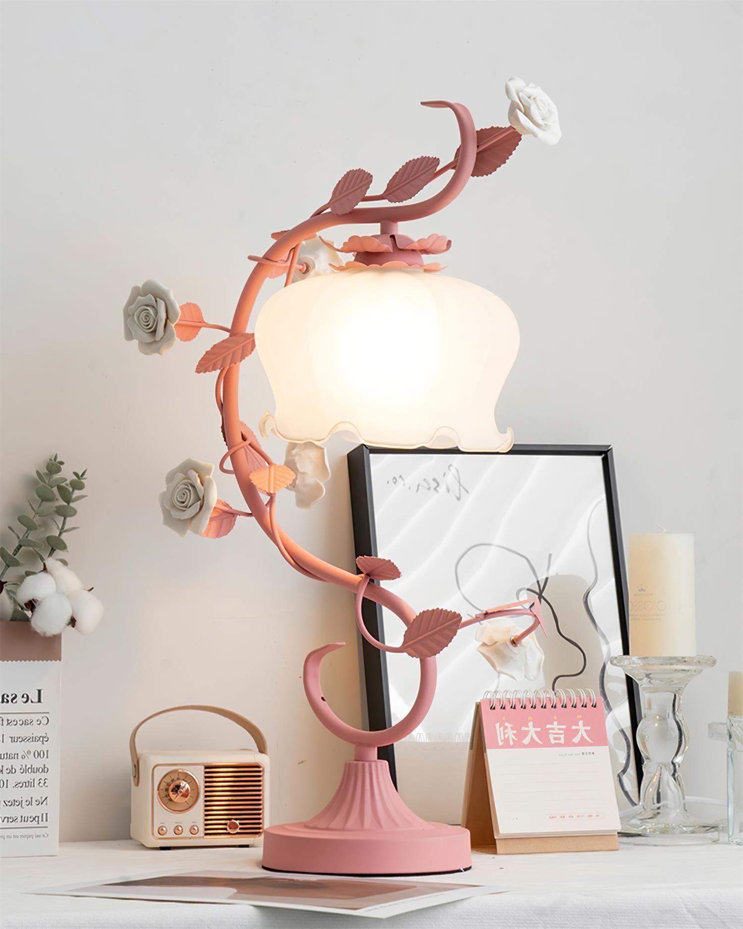 Green Pink White Rose Flower Table Lamp K640