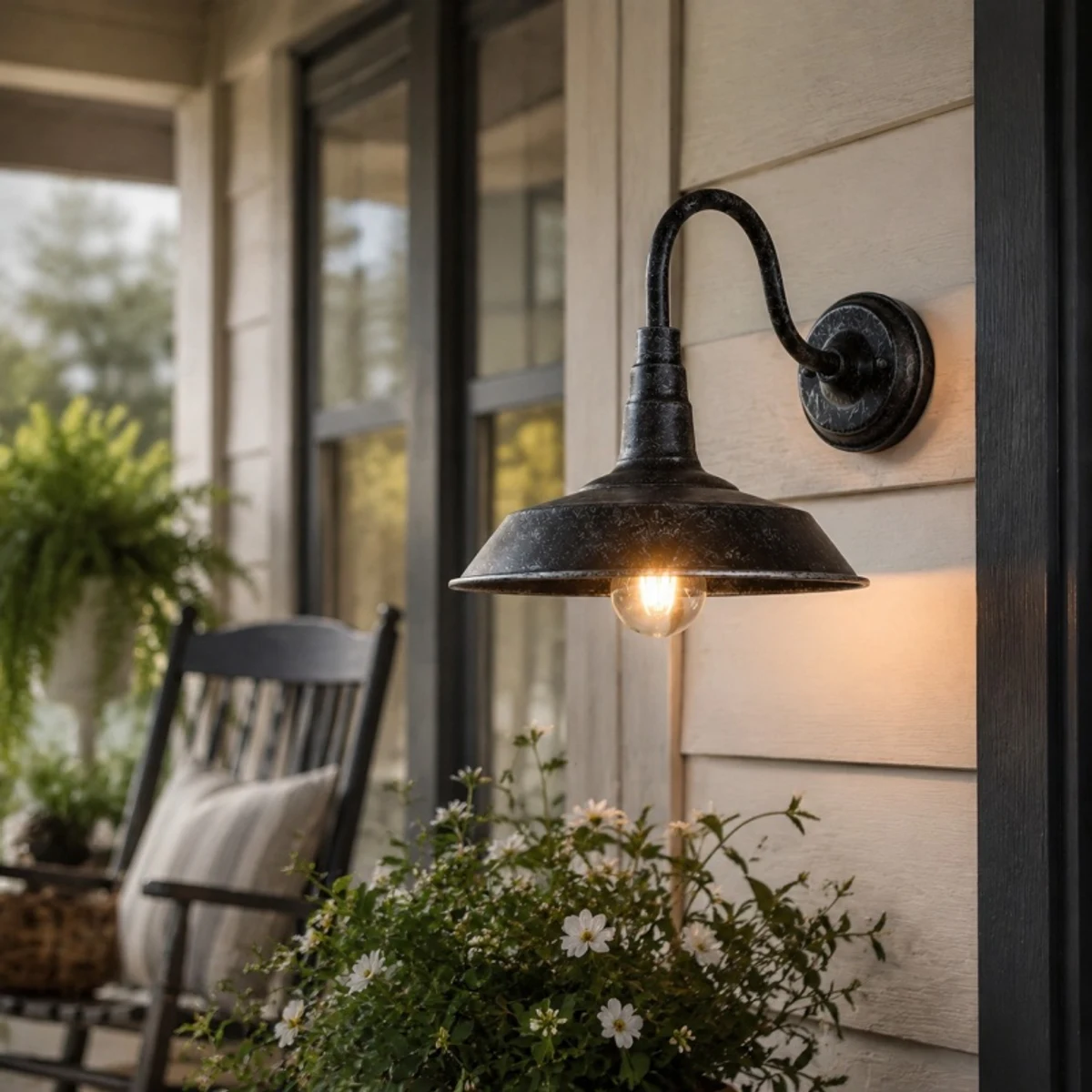 Porch wall light beside chair and flowers