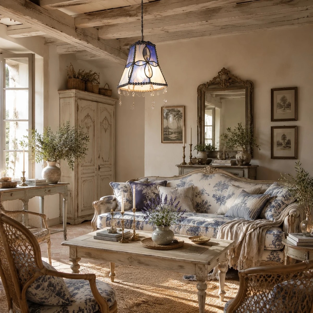 Vintage living room scene with blue white shell pendant