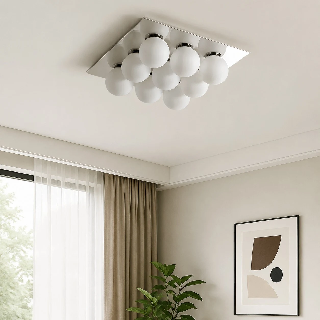 Gallery image: living room installation scene with plant and wall art.